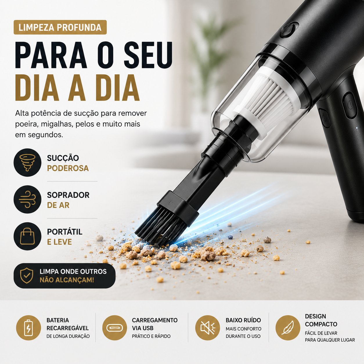 Aspirador Portátil 3 em 1 Sem Fio | Alta Potência para Carro, Casa e Escritório