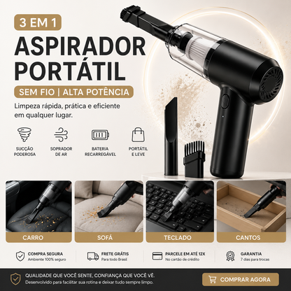 Aspirador Portátil 3 em 1 Sem Fio | Alta Potência para Carro, Casa e Escritório